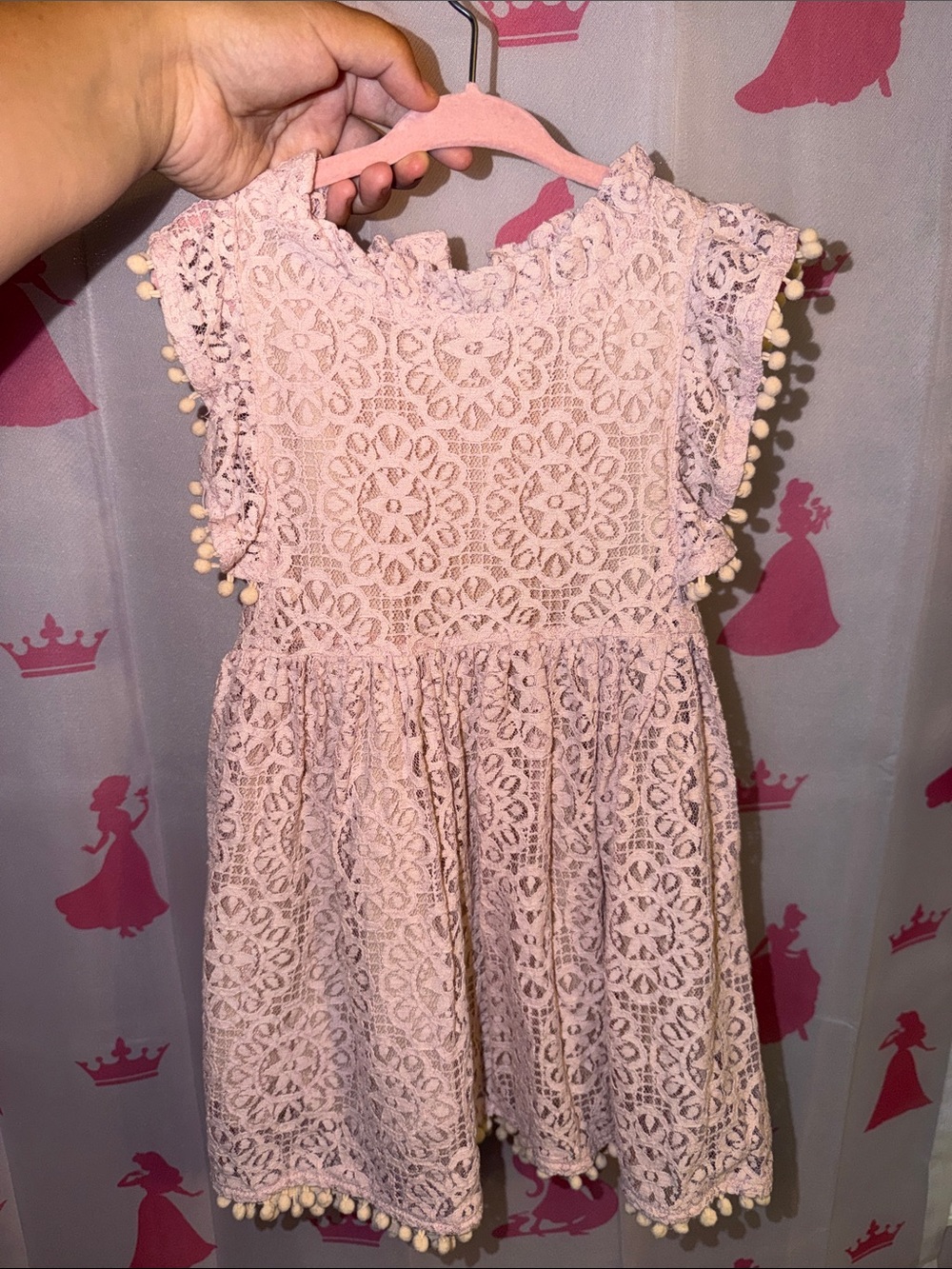 Girls' Pink Lace Pom-Pom Dress